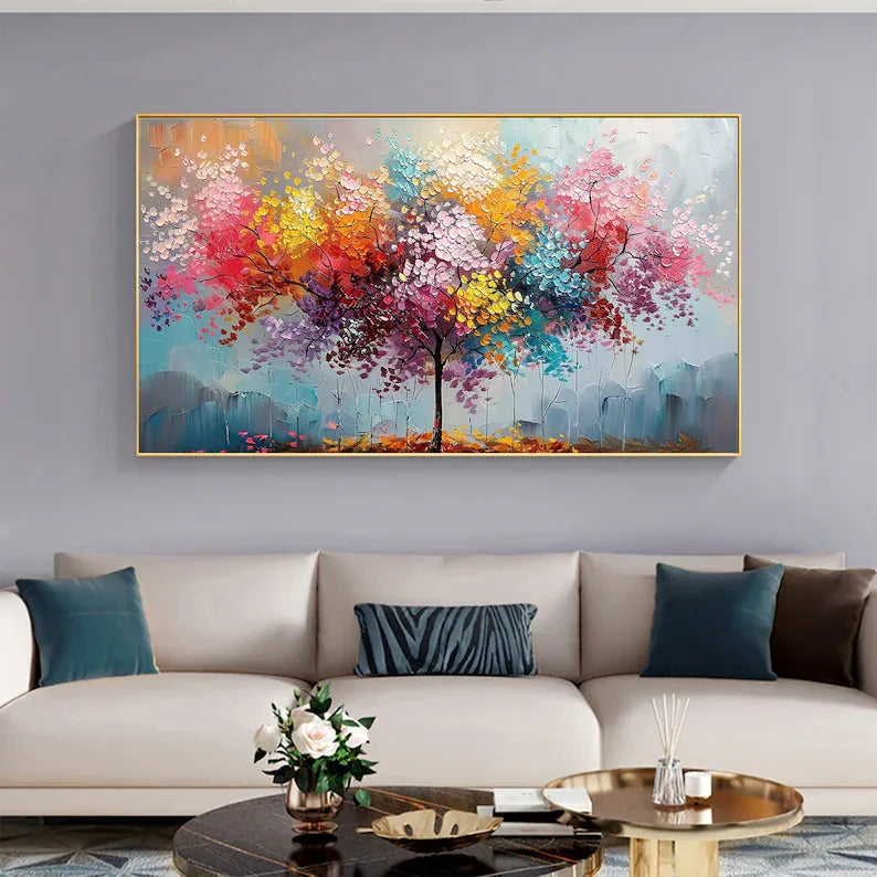 Vivid Harmony Tree Artwork-High Saturation Hand Drawn Multi Color Tree Texture Wall Art - artextured
