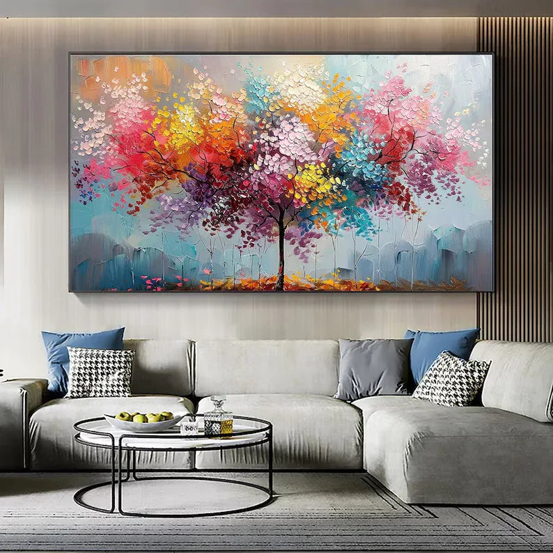 Vivid Harmony Tree Artwork-High Saturation Hand Drawn Multi Color Tree Texture Wall Art - artextured