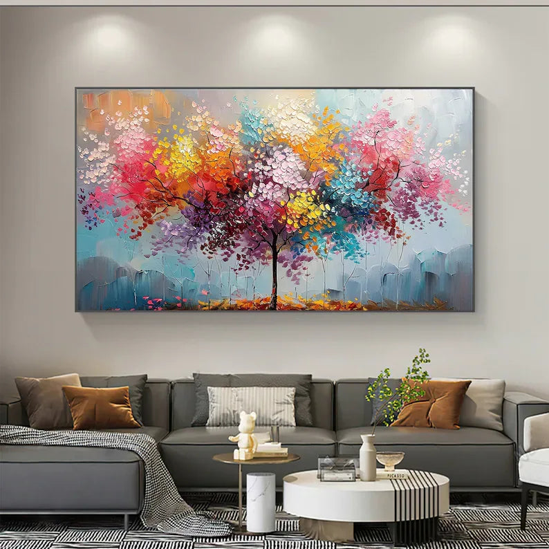 Vivid Harmony Tree Artwork-High Saturation Hand Drawn Multi Color Tree Texture Wall Art - artextured