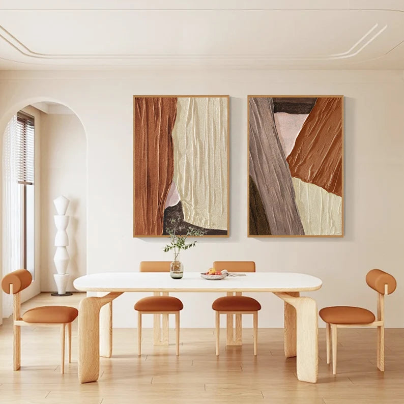 Textured Earth Diptych - Hand Drawn Irregular Texture Block Abstract Oil Painting Wall Art Set of 2