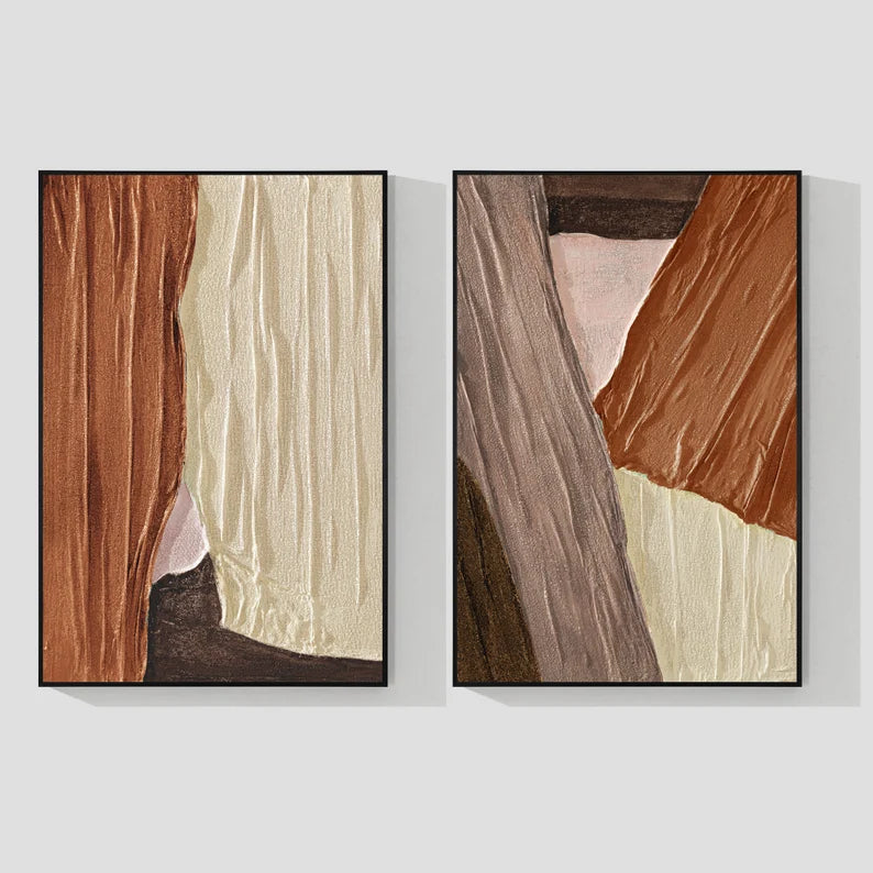 Textured Earth Diptych - Hand Drawn Irregular Texture Block Abstract Oil Painting Wall Art Set of 2