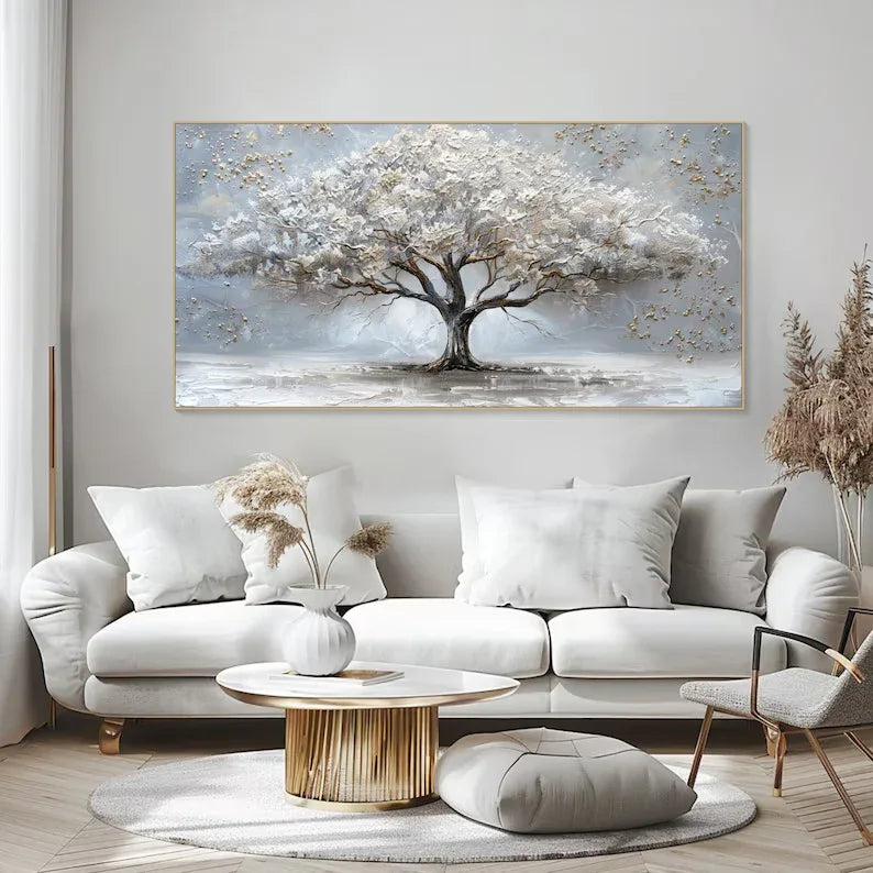 Ethereal Tree of Serenity-Abstract White Tree Texture Wall Art for Modern Homes - artextured