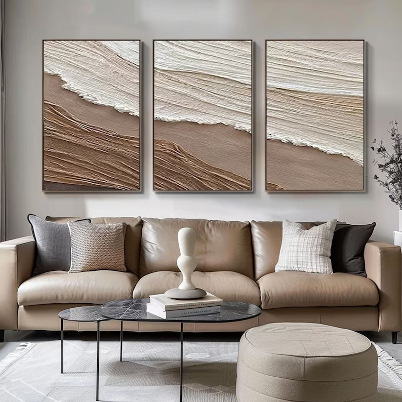 Tidal Harmony SET OF 3-Minimalist Wabi-sabi Earth and Wave Texture Wall Art