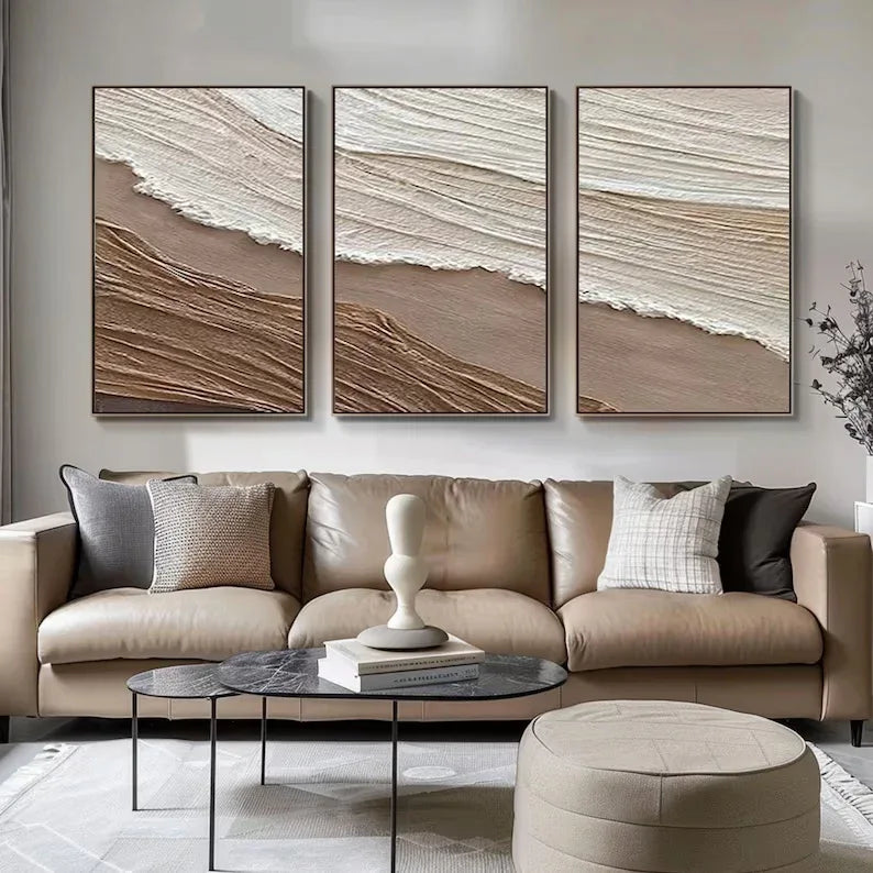 Tidal Harmony SET OF 3-Minimalist Wabi-sabi Earth and Wave Texture Wall Art - artextured