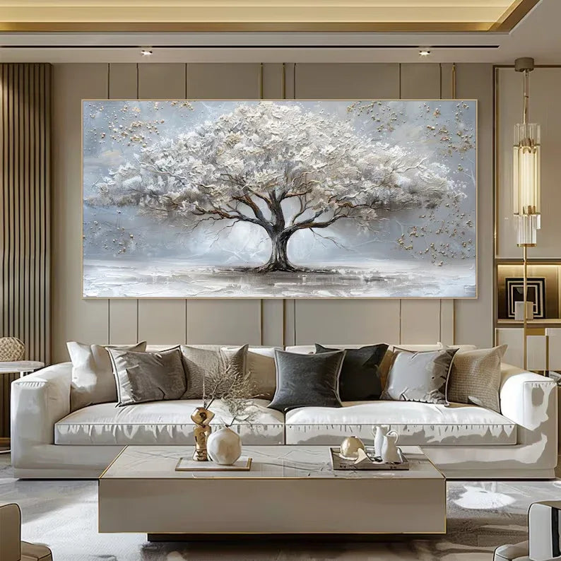 Ethereal Tree of Serenity-Abstract White Tree Texture Wall Art for Modern Homes - artextured