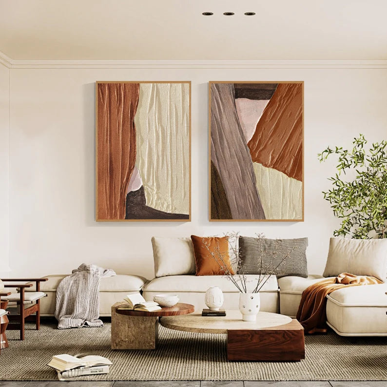 Textured Earth Diptych - Hand Drawn Irregular Texture Block Abstract Oil Painting Wall Art Set of 2