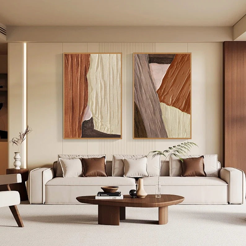 Textured Earth Diptych - Hand Drawn Irregular Texture Block Abstract Oil Painting Wall Art Set of 2