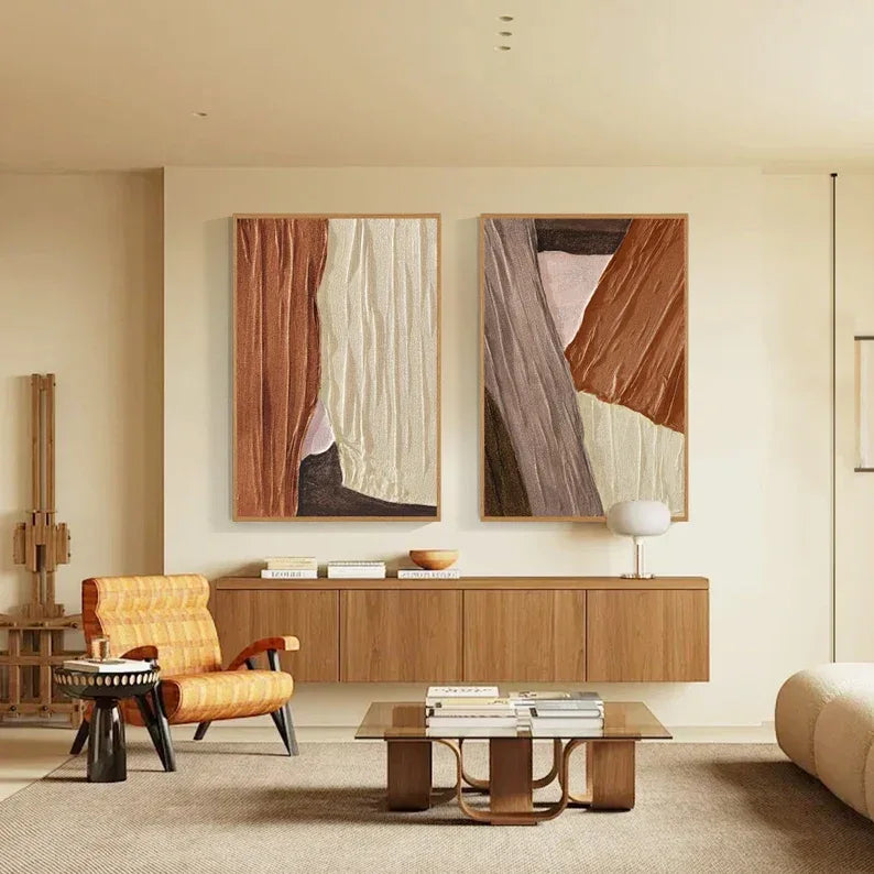 Textured Earth Diptych - Hand Drawn Irregular Texture Block Abstract Oil Painting Wall Art Set of 2 - artextured