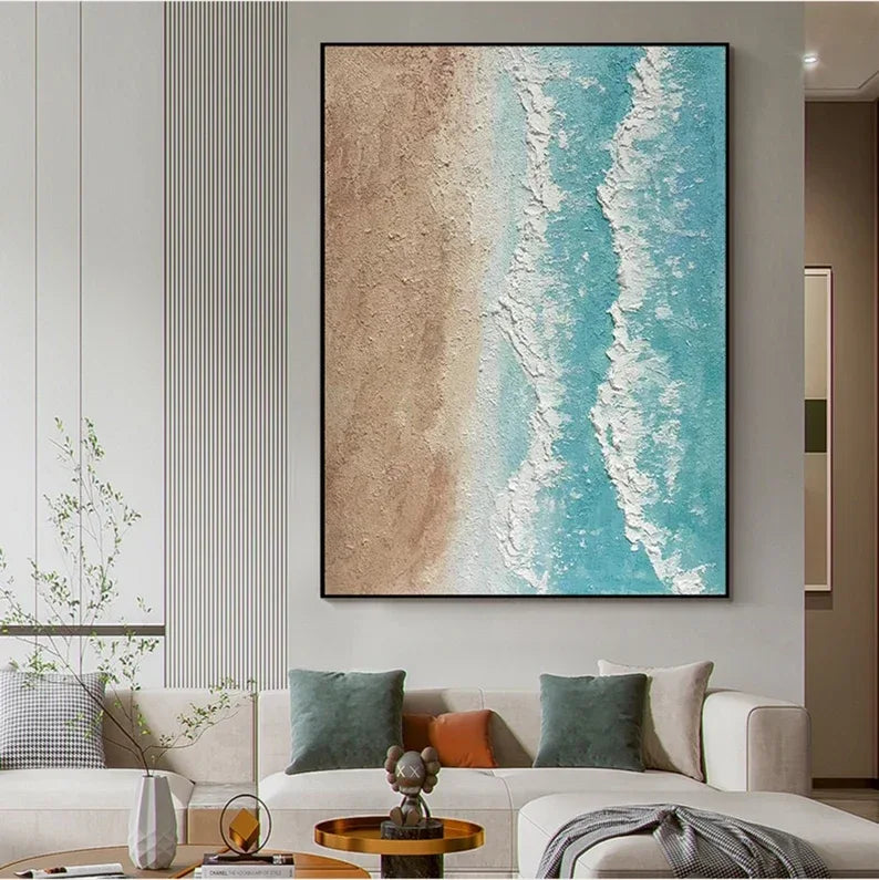 Light Tone Beach Art-Hand Drawn Natural Coastal Oil Wall Art in Modern Minimalist Homes - artextured