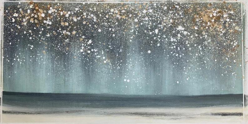 Celestial Shoreline - Hand drawn Abstract Wall Art of Starry Dust Sea Scenery - artextured