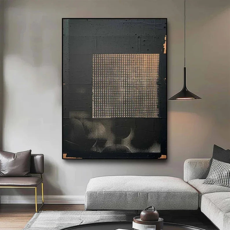Abstract Black Gold Texture-Wabi Sabi Style Abstract Black Gold Grid Relief Wall Art - artextured