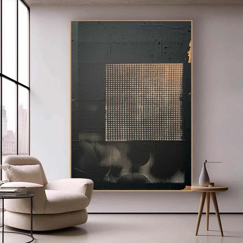Abstract Black Gold Texture-Wabi Sabi Style Abstract Black Gold Grid Relief Wall Art - artextured