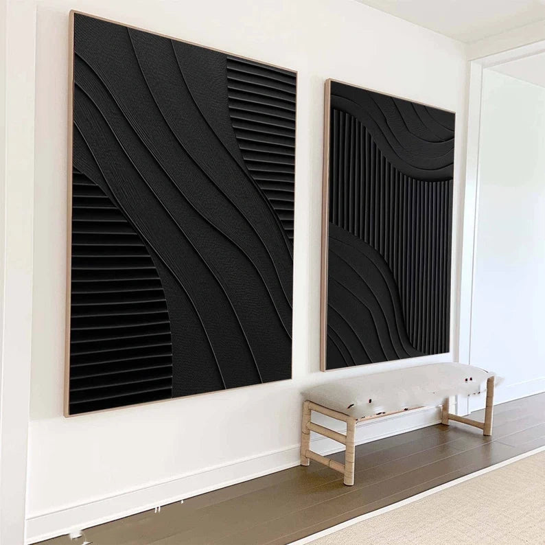 Black Minimalist Dual Harmony - Modern Textured Wall Art Set of 2