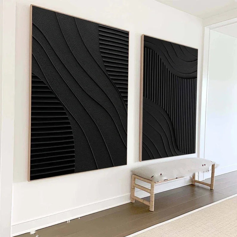 Black Minimalist Dual Harmony - Modern Textured Wall Art Set of 2 - artextured