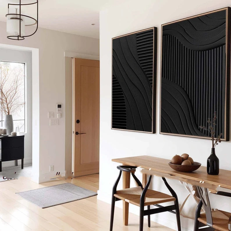 Black Minimalist Dual Harmony - Modern Textured Wall Art Set of 2