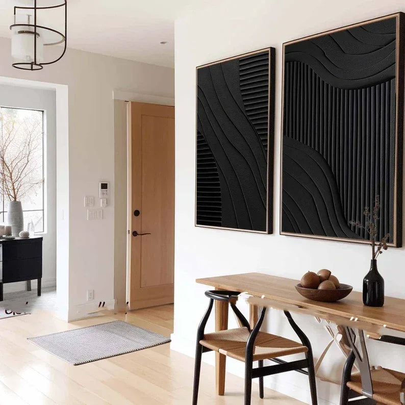 Black Minimalist Dual Harmony - Modern Textured Wall Art Set of 2 - artextured