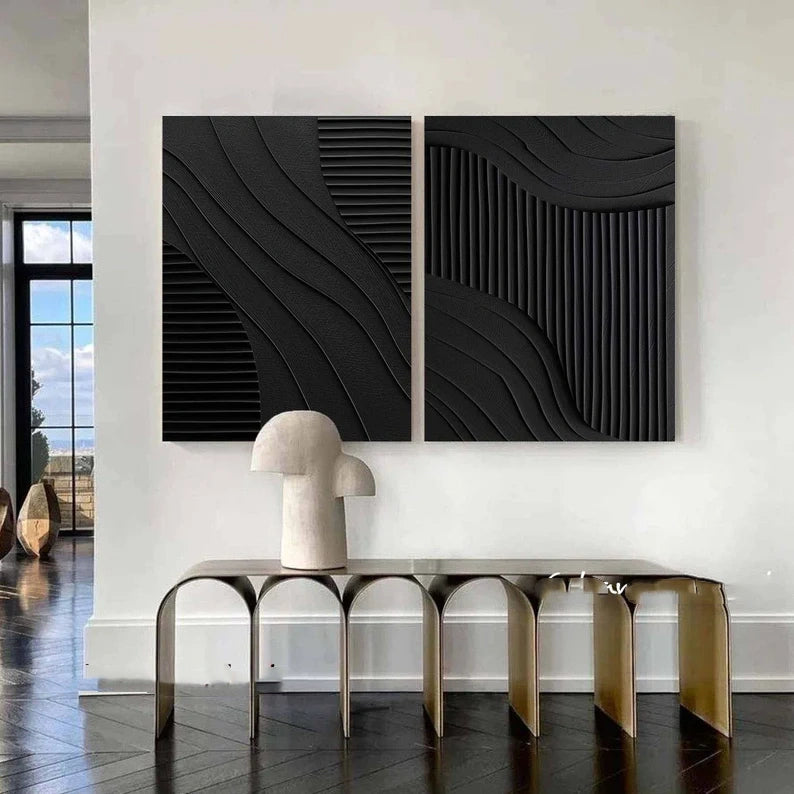 Black Minimalist Dual Harmony - Modern Textured Wall Art Set of 2