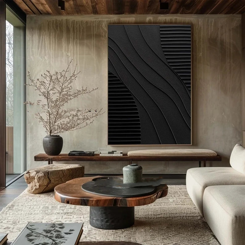 Black Minimalist Dual Harmony - Modern Textured Wall Art Set of 2