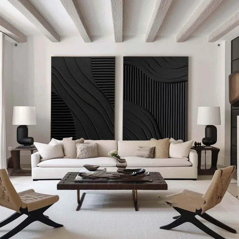 Black Minimalist Dual Harmony - Modern Textured Wall Art Set of 2 - artextured