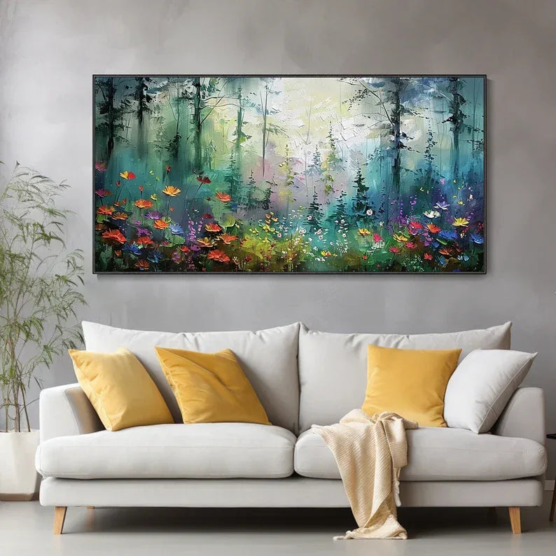 Whimsical Forest Bloom-Hand drawn 3D Forest Flower Field Texture Oil Painting Wall Art - artextured