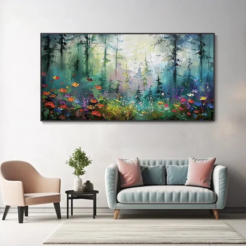 Whimsical Forest Bloom-Hand drawn 3D Forest Flower Field Texture Oil Painting Wall Art - artextured