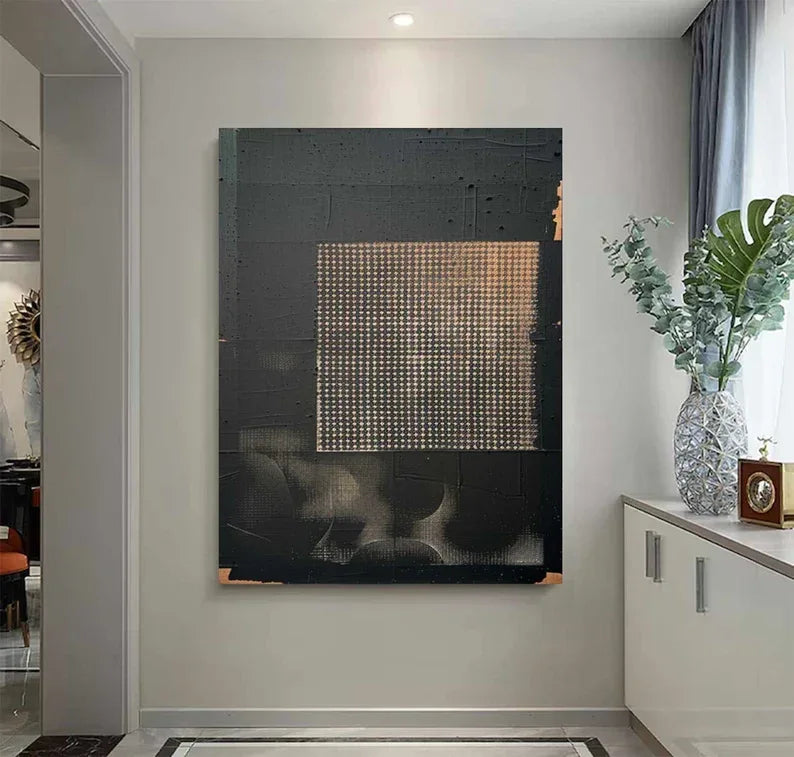 Abstract Black Gold Texture-Wabi Sabi Style Abstract Black Gold Grid Relief Wall Art - artextured