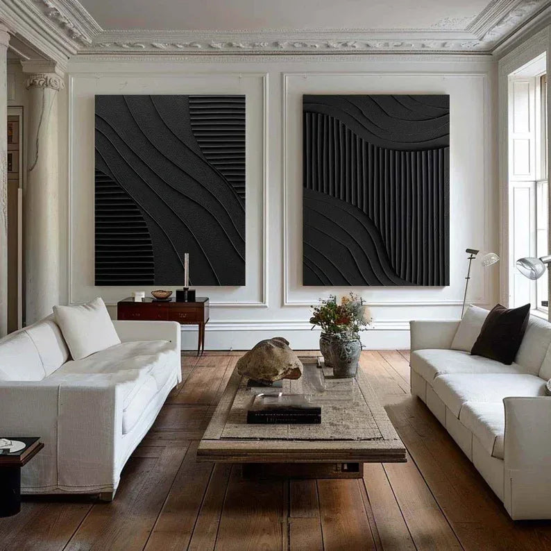 Black Minimalist Dual Harmony - Modern Textured Wall Art Set of 2 - artextured