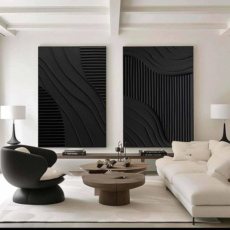Black Minimalist Dual Harmony - Modern Textured Wall Art Set of 2