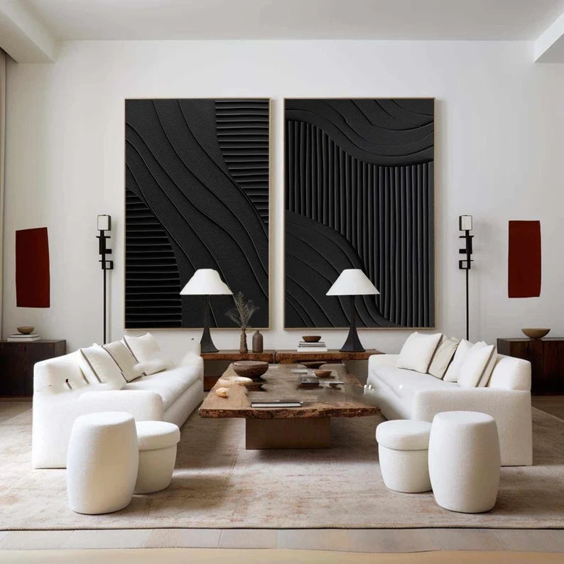 Black Minimalist Dual Harmony - Modern Textured Wall Art Set of 2