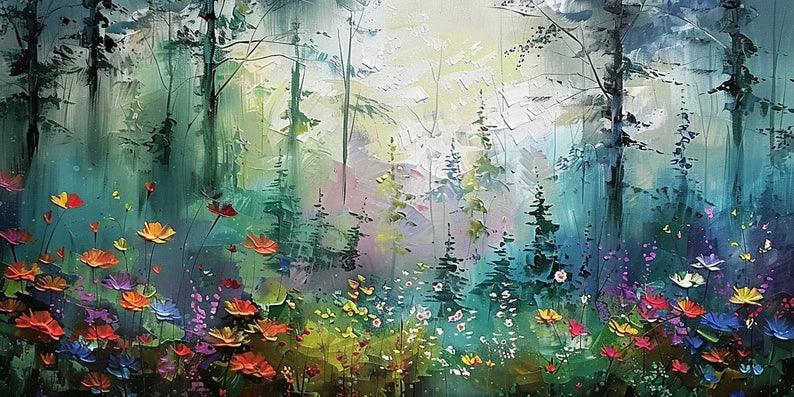 Whimsical Forest Bloom-Hand drawn 3D Forest Flower Field Texture Oil Painting Wall Art - artextured