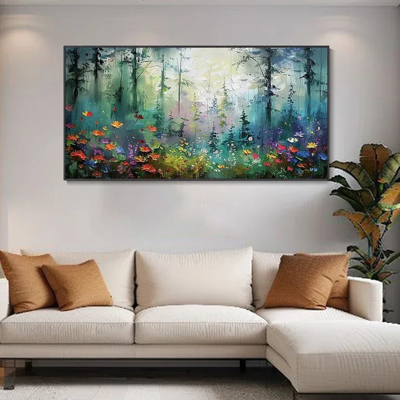Whimsical Forest Bloom-Hand drawn 3D Forest Flower Field Texture Oil Painting Wall Art - artextured
