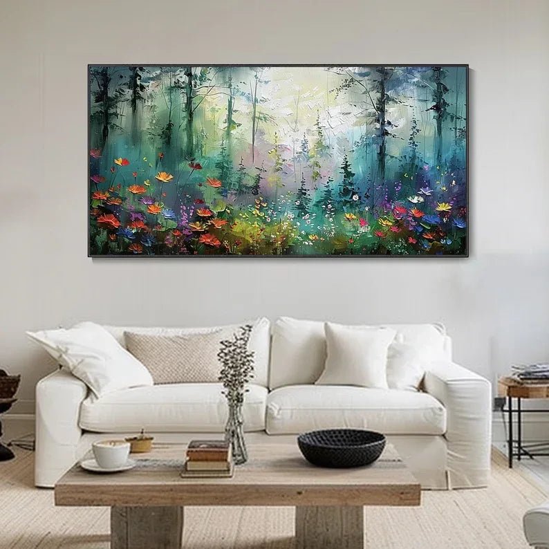 Whimsical Forest Bloom-Hand drawn 3D Forest Flower Field Texture Oil Painting Wall Art - artextured