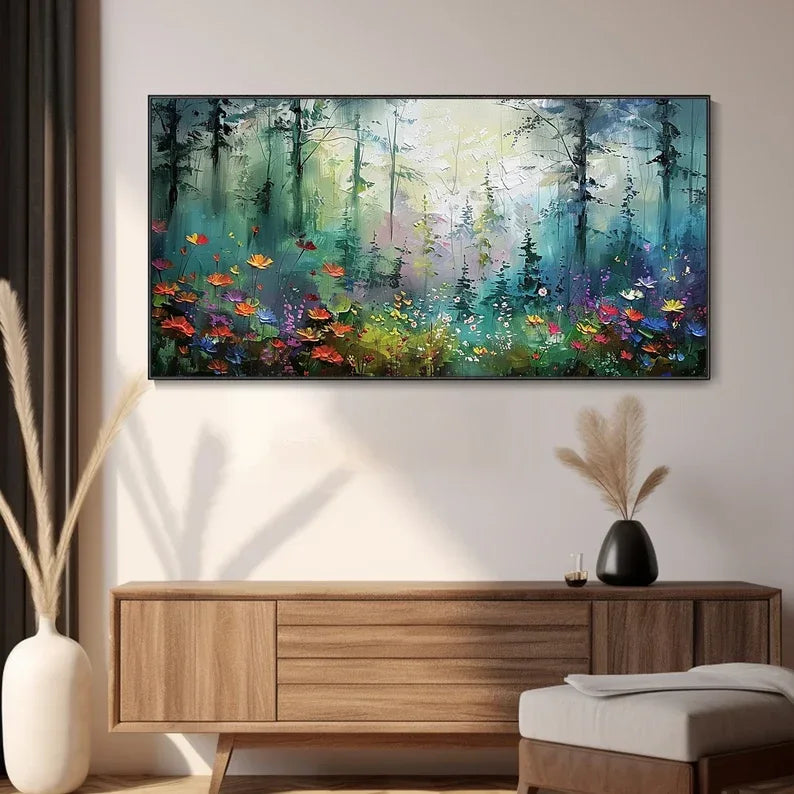 Whimsical Forest Bloom-Hand drawn 3D Forest Flower Field Texture Oil Painting Wall Art - artextured