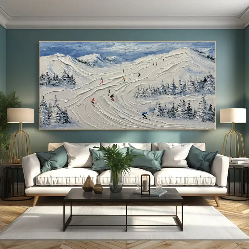 Skiing Through Winter - Abstract Oil Painting Wall Art Themed Around Skiing in the Snow Mountains - artextured