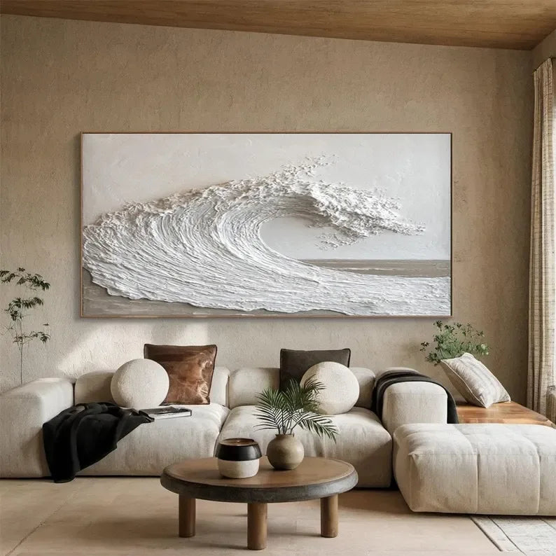 Textured White Ocean Wave-Minimalist 3D Wave Scroll Abstract Oil Painting Wall Art - artextured