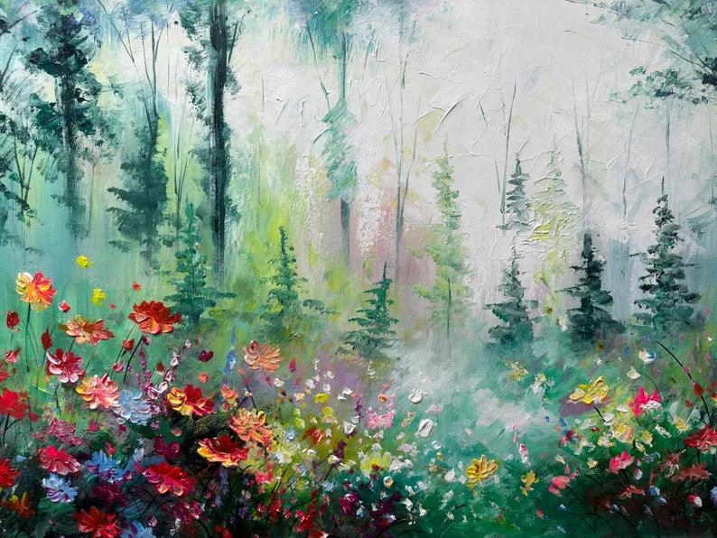 Whimsical Forest Bloom-Hand drawn 3D Forest Flower Field Texture Oil Painting Wall Art - artextured