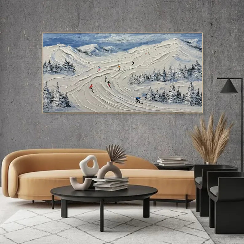 Skiing Through Winter - Abstract Oil Painting Wall Art Themed Around Skiing in the Snow Mountains - artextured