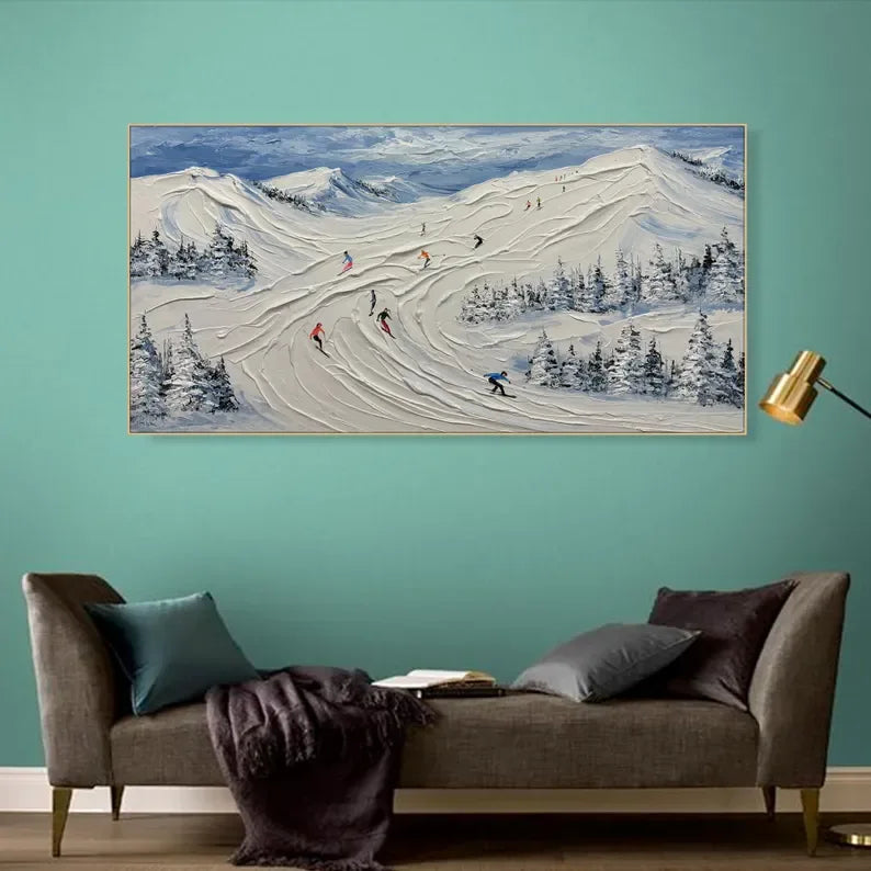 Skiing Through Winter - Abstract Oil Painting Wall Art Themed Around Skiing in the Snow Mountains - artextured