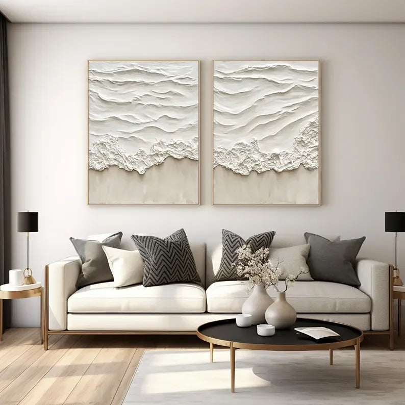 White Ripple Duo-Abstract Beige Ocean Wave Wall Art Set of 2 - artextured