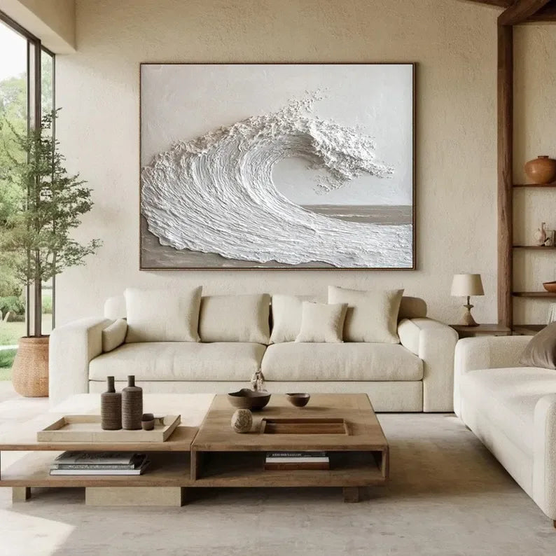 Textured White Ocean Wave-Minimalist 3D Wave Scroll Abstract Oil Painting Wall Art - artextured