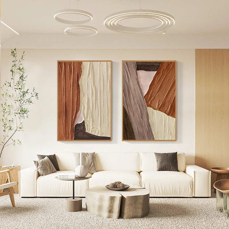 Textured Earth Diptych - Hand Drawn Irregular Texture Block Abstract Oil Painting Wall Art Set of 2