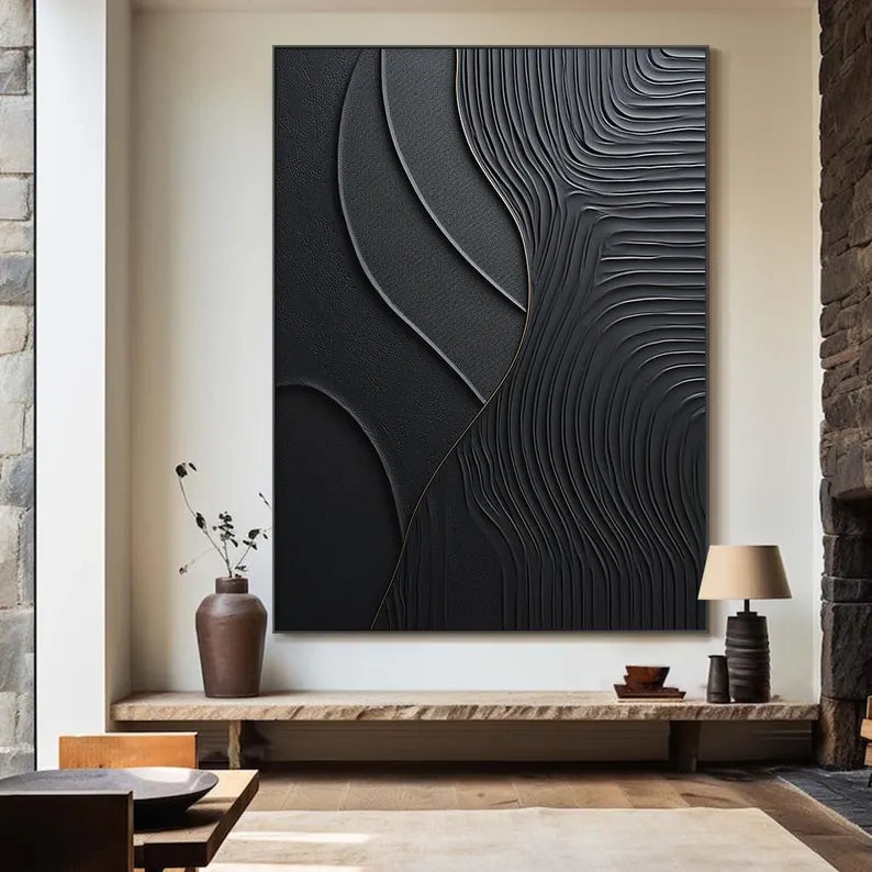Black Serene Leaves - Abstract Textured Wall Art