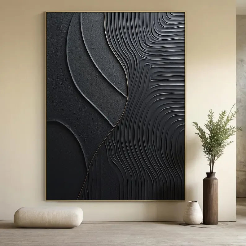 Black Serene Leaves - Handmade Three-Dimensional Black Textured Wall Art - artextured
