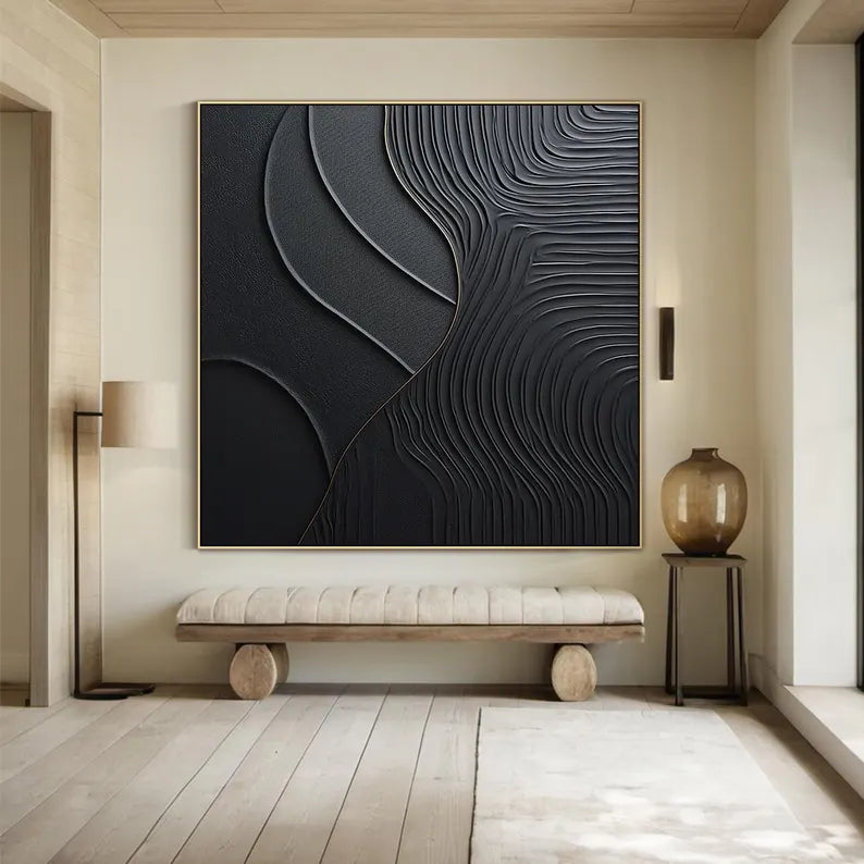 Black Serene Leaves - Abstract Textured Wall Art