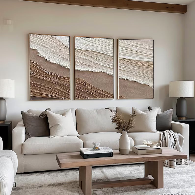 Tidal Harmony SET OF 3-Minimalist Wabi-sabi Earth and Wave Texture Wall Art