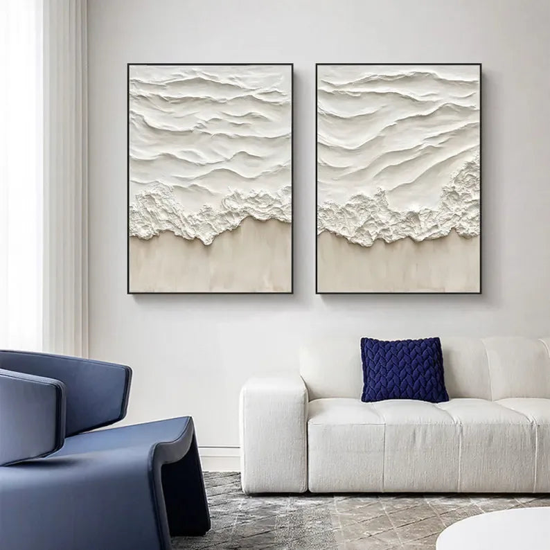 White Ripple Duo-Abstract Beige Ocean Wave Wall Art Set of 2 - artextured