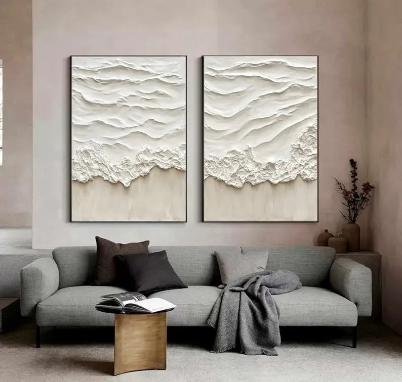 White Ripple Duo-Abstract Beige Ocean Wave Wall Art Set of 2 - artextured