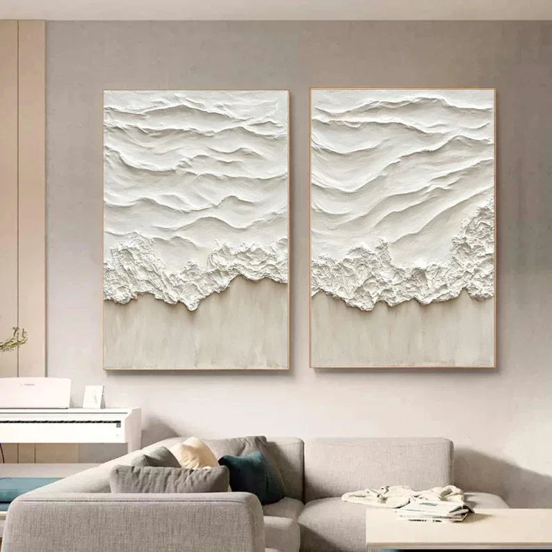 White Ripple Duo-Abstract Beige Ocean Wave Wall Art Set of 2 - artextured