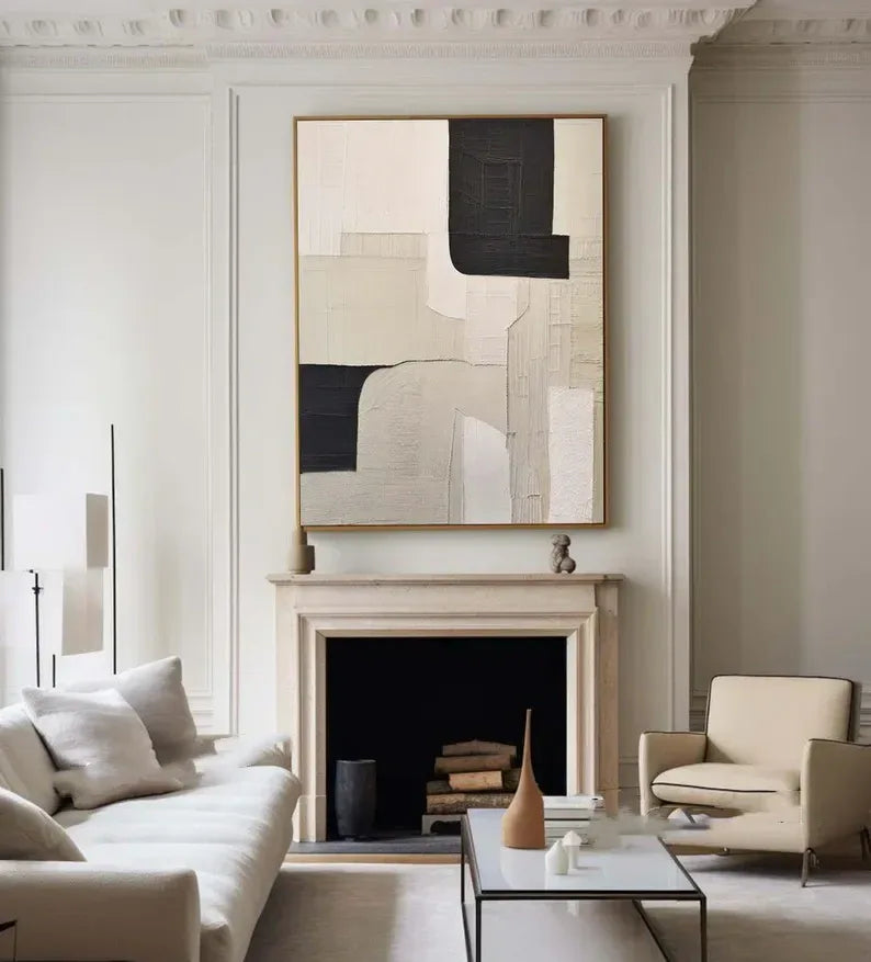 Monochrome Harmony Canvas Art-Wabi Sabi Abstract Wall Art of Hand drawn Geometric Block Surface - artextured