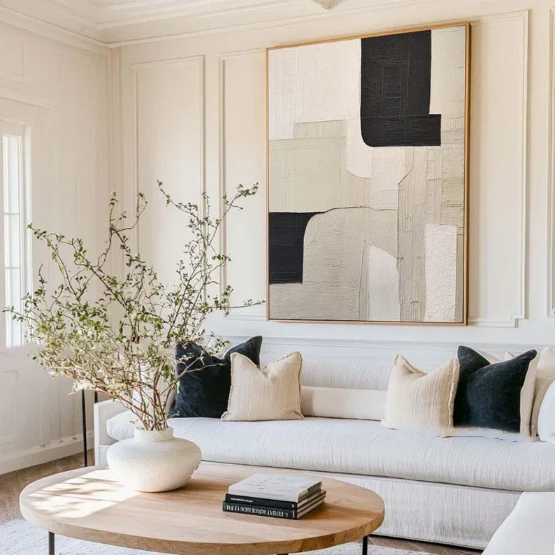 Monochrome Harmony Canvas Art-Wabi Sabi Abstract Wall Art of Hand drawn Geometric Block Surface - artextured